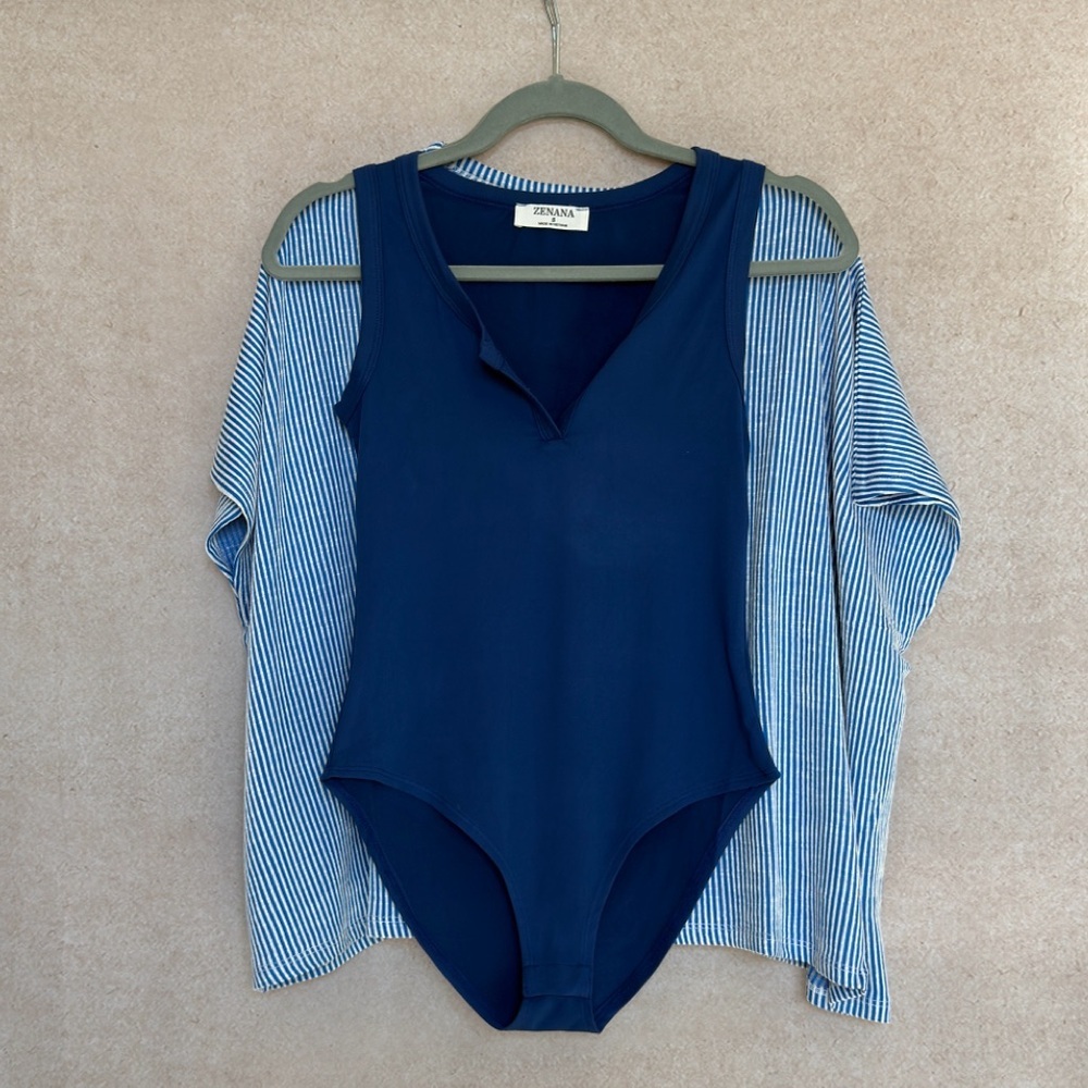 Zenana Outfitters 2 Piece Layering Top With Navy Blue Bodysuit & Oversized Top